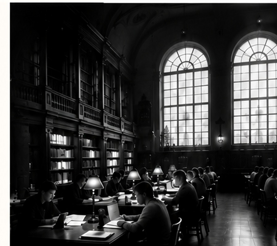 People of different generations studying and working together in a large library